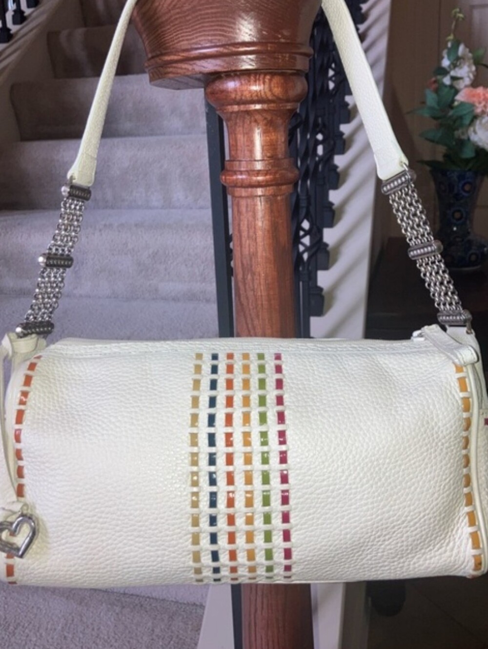Brighton Cream Leather Shoulder Bag with Multicolor Stitching